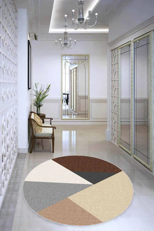 Mutfak Halısı Halı Modelleri Kahve Kaymaz Geometrik Desenli Yuvarlak Mutfak Halısı AR1330