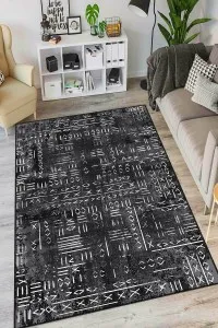 Siyah Kaymaz Tabanlı Etnik Mutfak Halısı AR1370 Siyah Kaymaz Tabanlı Etnik Mutfak Halısı AR1370