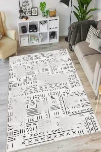 Açık Gri Kaymaz Tabanlı Etnik Mutfak Halısı AR1373 Açık Gri Kaymaz Tabanlı Etnik Mutfak Halısı AR1373