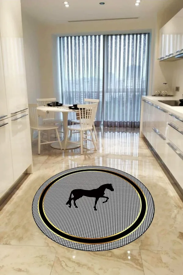 At Desenli Halı Gri Kaymaz Tabanlı Yuvarlak Modern Mutfak Halısı AR1399