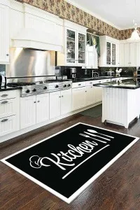 Siyah Kaymaz Tabanlı Kitchen Yazılı Mutfak Halısı AR178 Siyah Kaymaz Tabanlı Kitchen Yazılı Mutfak Halısı AR178