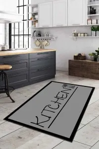 Gri Kaymaz Taban Yıkanan Kitchen Yazılı Mutfak Halısı AR180