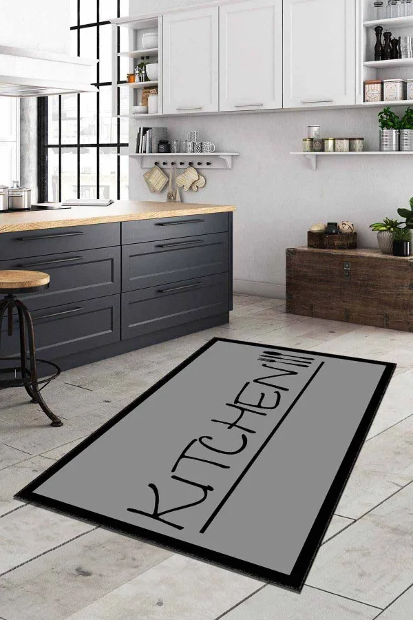 4 Metrekare Mutfak Halısı Gri Kaymaz Taban Yıkanan Kitchen Yazılı Mutfak Halısı AR180