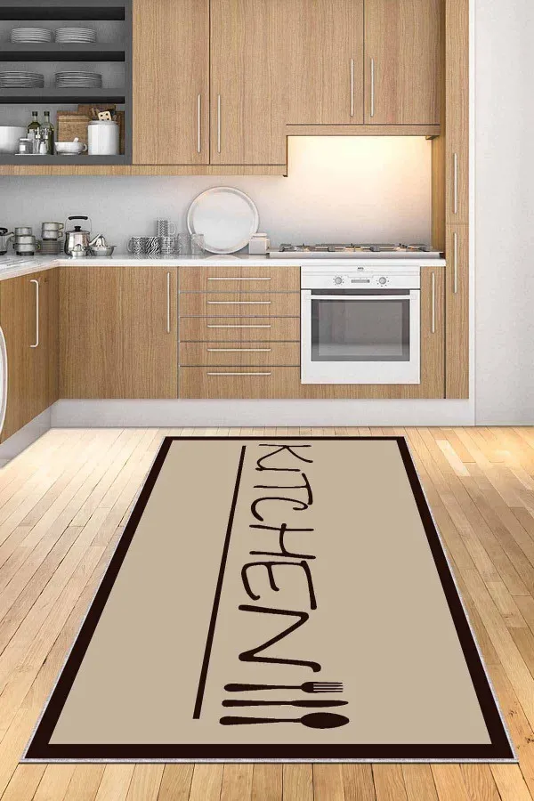 Kitchen Mutfak Halısı Bej Kaymaz Taban Yıkanan Kitchen Yazılı Mutfak Halısı AR181