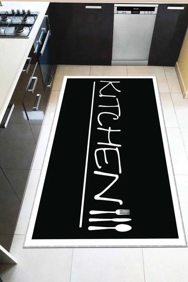 200 X 300 Mutfak Halıları Siyah Kaymaz Tabanlı Kitchen Yazılı Mutfak Halısı AR183