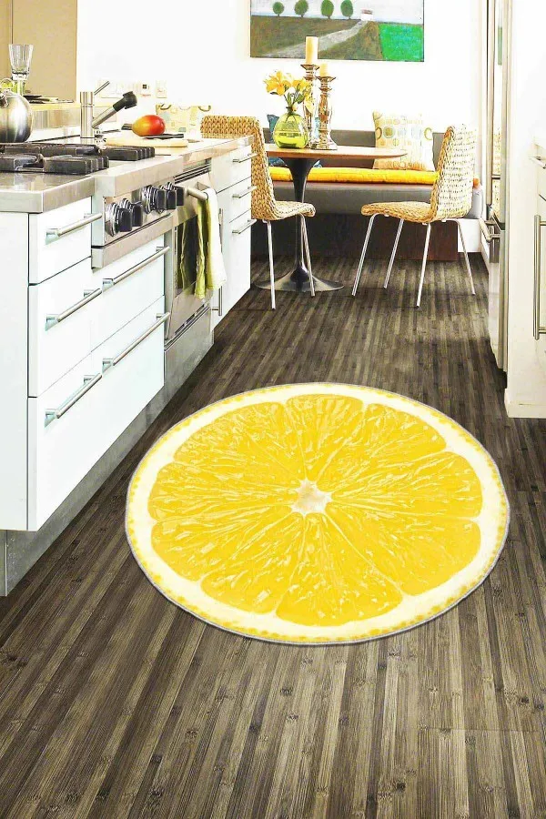 Limonlu Mutfak Halısı Sarı Kaymaz Tabanlı Limonlu Yuvarlak Mutfak Halısı AR204