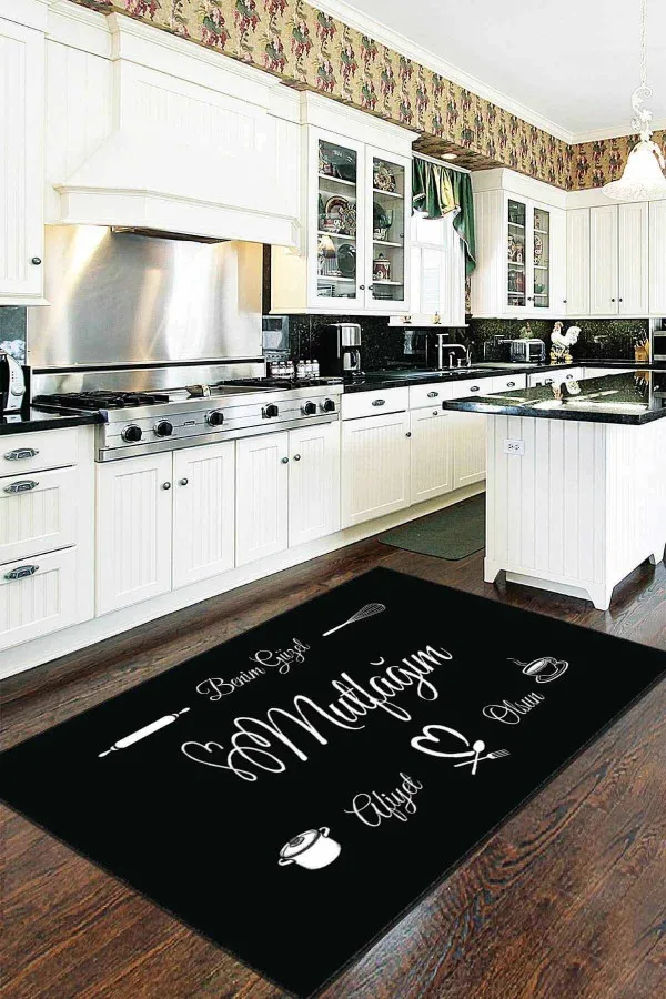 4 Metre Mutfak Halıları Siyah Kaymaz Tabanlı Kitchen Yazılı Mutfak Halısı AR230