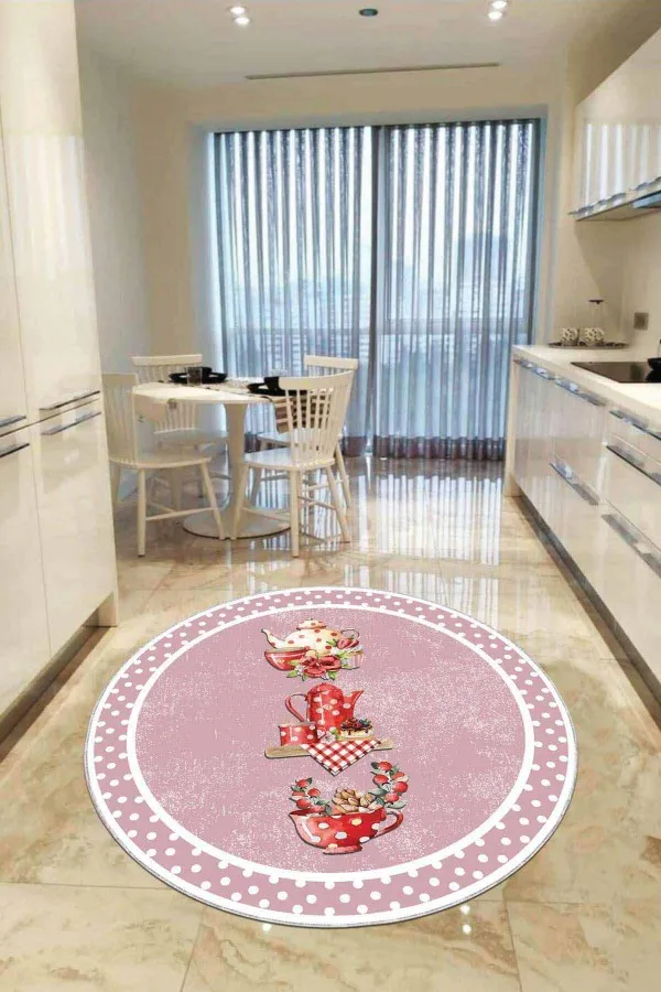 Mutfak Halısı 100X200 Pembe Kaymaz Çaydanlık Desenli Yuvarlak Mutfak Halısı AR423