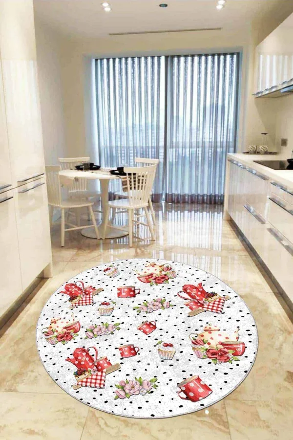 Mutfak Halısı 100X300 Pembe Kaymaz Çaydanlık Desenli Yuvarlak Mutfak Halısı AR438