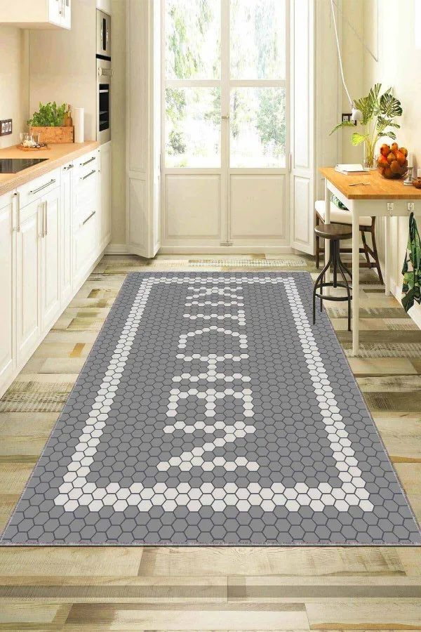 6 Metrekare Mutfak Halısı Gri Kaymaz Taban Yıkanan Kitchen Yazılı Mutfak Halısı AR491