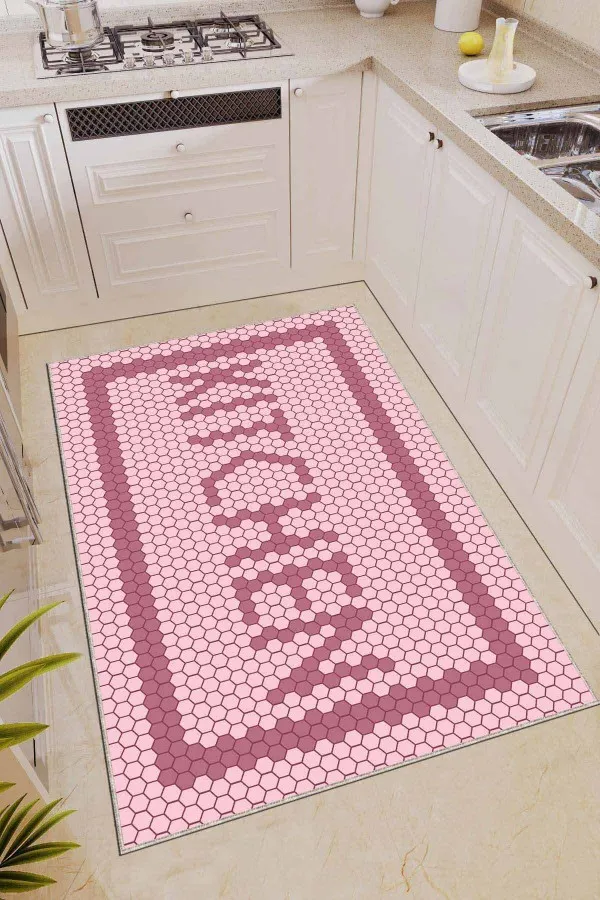 Mutfak Halısı 200X300 Pembe Kaymaz Tabanlı Kitchen Yazılı Mutfak Halısı AR493