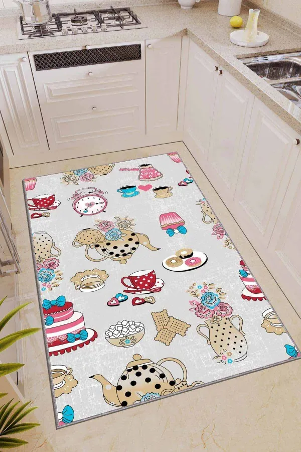 Mutfak Halısı 80X150 Pembe Kaymaz Tabanlı Çaydanlık Desenli Mutfak Halısı AR497
