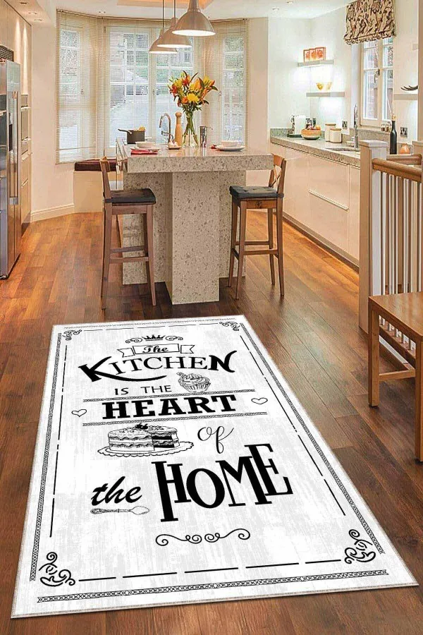 Beyaz Mutfak Halısı Modelleri Beyaz Kaymaz Tabanlı Kitchen Yazılı Mutfak Halısı AR507