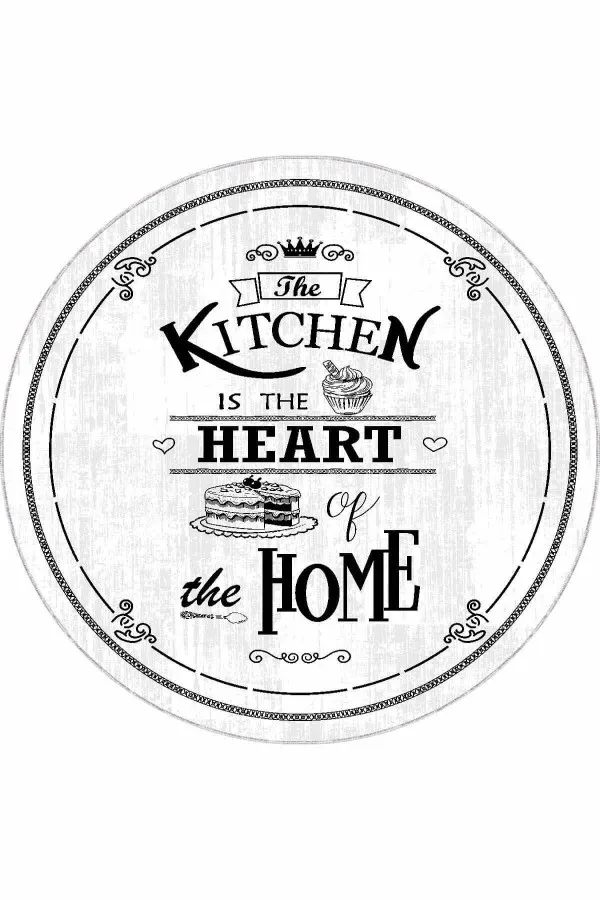 Yuvarlak Mutfak Halıları Beyaz Kaymaz Kitchen Yazılı Yuvarlak Mutfak Halısı AR508