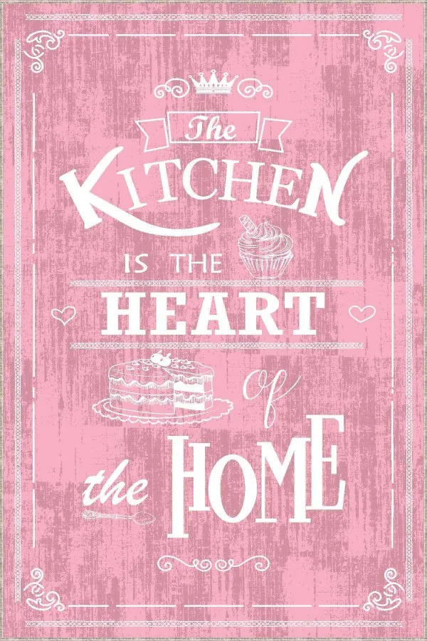 Mutfak Halısı 3 Metre Pembe Kaymaz Tabanlı Kitchen Yazılı Mutfak Halısı AR528