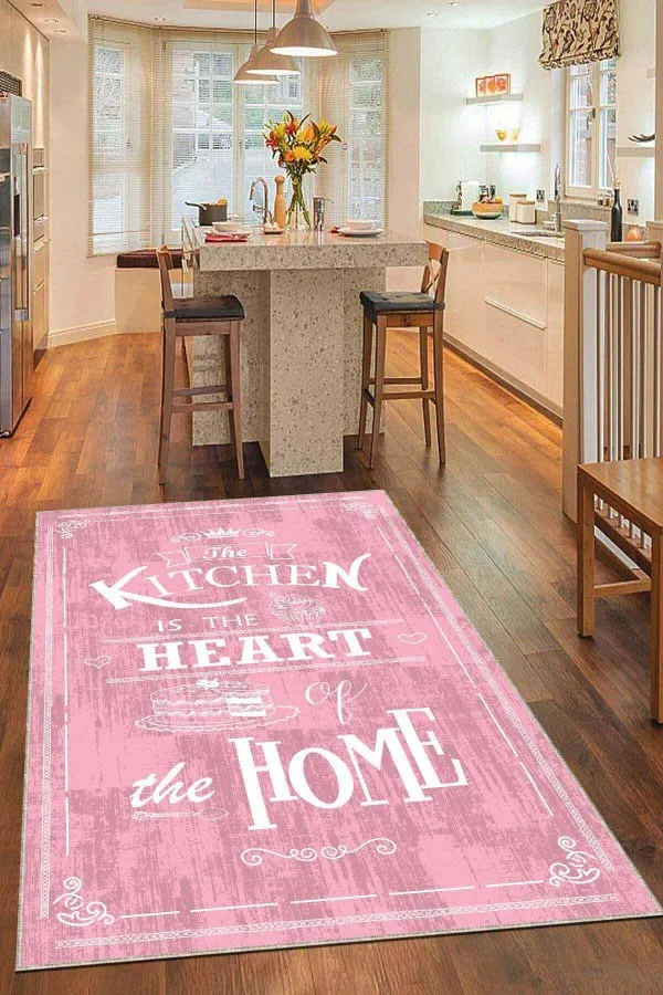 Mutfak Halısı 3 Metre Pembe Kaymaz Tabanlı Kitchen Yazılı Mutfak Halısı AR528