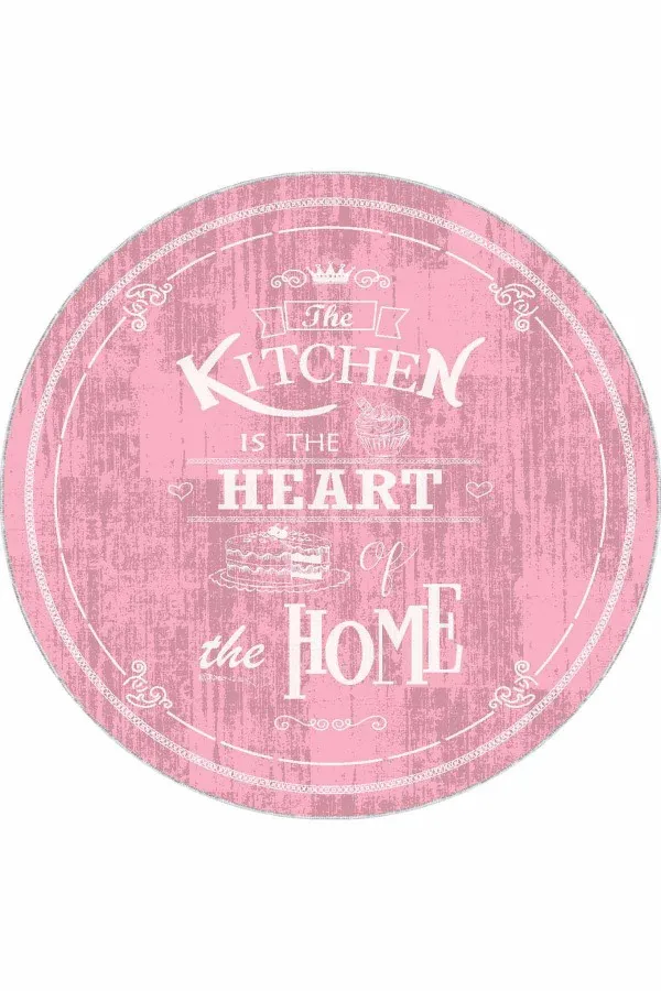 Mutfak Halısı 4 M2 Pembe Kaymaz Kitchen Yazılı Yuvarlak Mutfak Halısı AR538