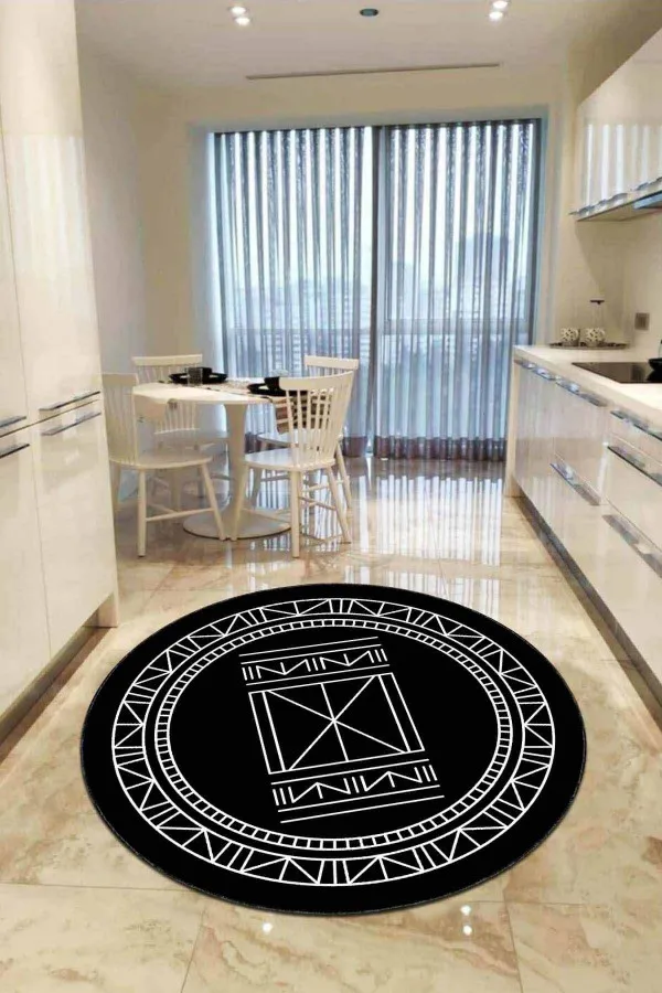 Mutfak Yolluk Kilim Siyah Kaymaz Taban Etnik Desen Yuvarlak Mutfak Halısı AR540