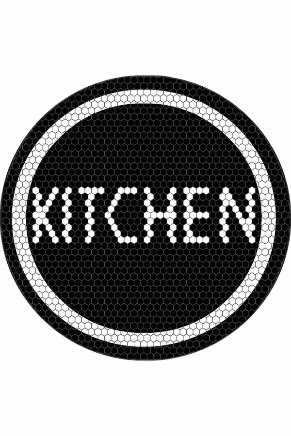 6 Metre Mutfak Halıları Siyah Kaymaz Kitchen Yazılı Yuvarlak Mutfak Halısı AR544