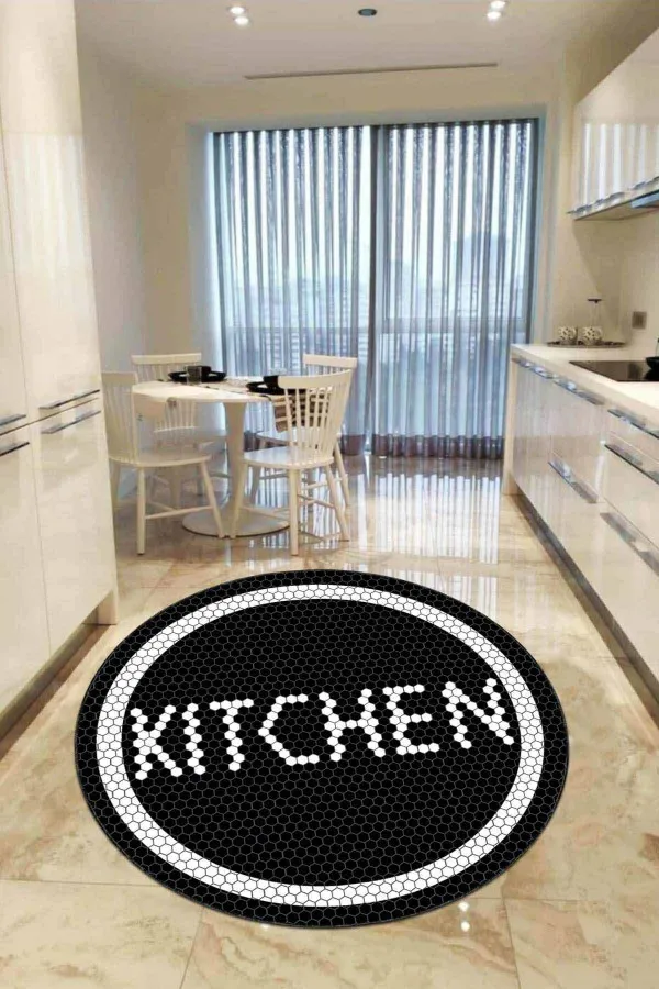 6 Metre Mutfak Halıları Siyah Kaymaz Kitchen Yazılı Yuvarlak Mutfak Halısı AR544
