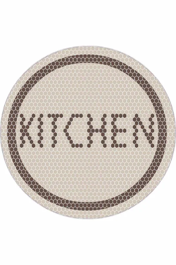 Kitchen Yazılı Yolluk Bej Kaymaz Taban Kitchen Yazılı Yuvarlak Mutfak Halısı AR545