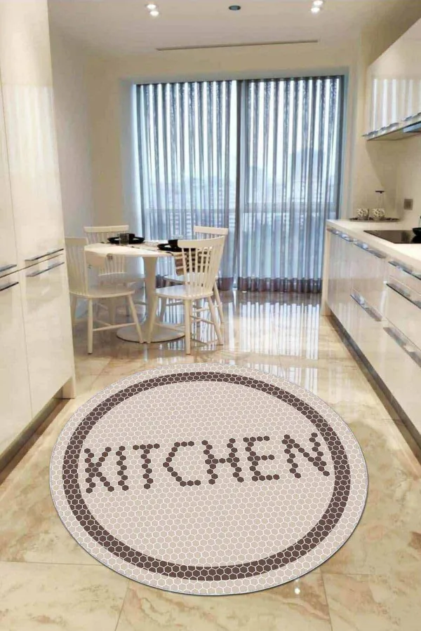 Kitchen Yazılı Yolluk Bej Kaymaz Taban Kitchen Yazılı Yuvarlak Mutfak Halısı AR545