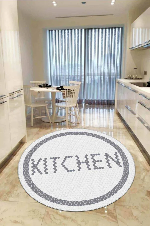 Beyaz Kaymaz Kitchen Yazılı Yuvarlak Mutfak Halısı AR547