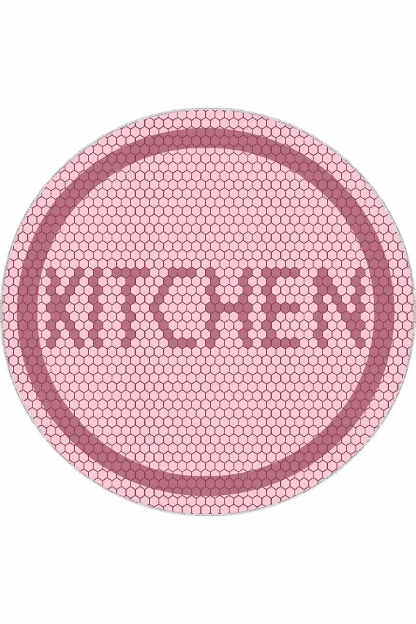 Mutfak Halısı 4 Metre Pembe Kaymaz Kitchen Yazılı Yuvarlak Mutfak Halısı AR548