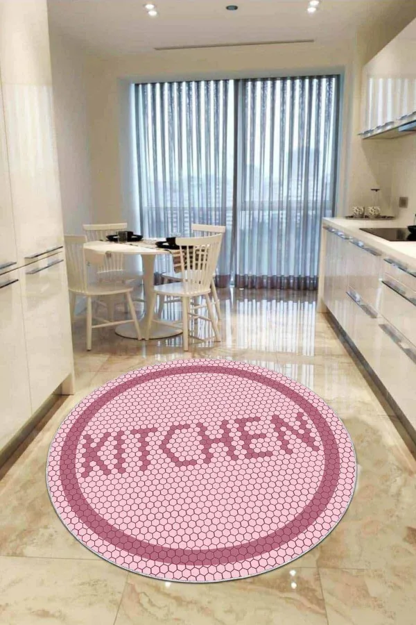 Mutfak Halısı 4 Metre Pembe Kaymaz Kitchen Yazılı Yuvarlak Mutfak Halısı AR548