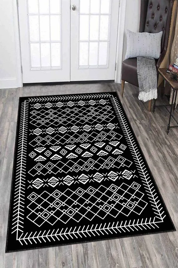 Mutfak Tezgah Önü Halısı Siyah Kaymaz Taban Yıkanan Etnik Desenli Mutfak Halısı AR679