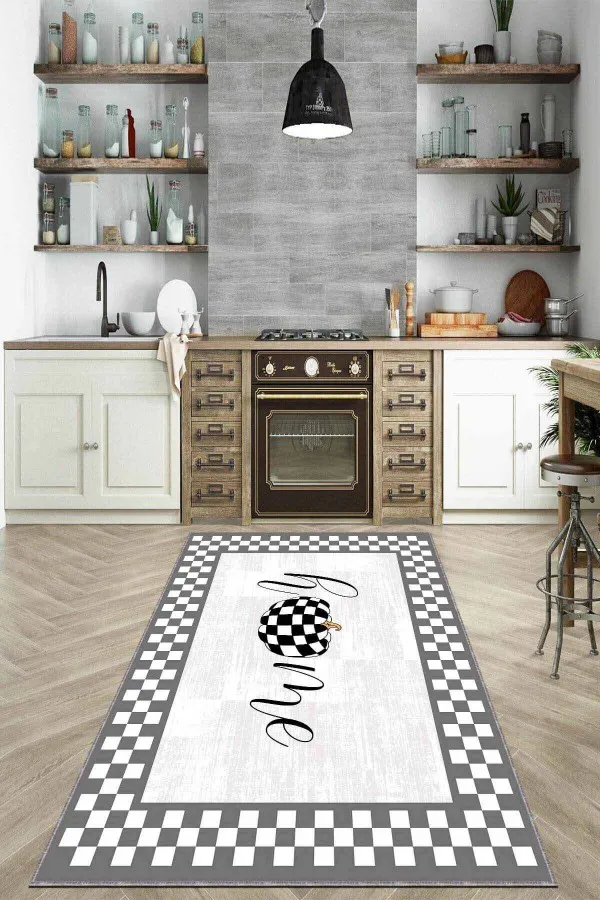 Mutfak Halısı Al Gri Kaymaz Tabanlı Yıkanır Home Desenli Mutfak Halısı AR795