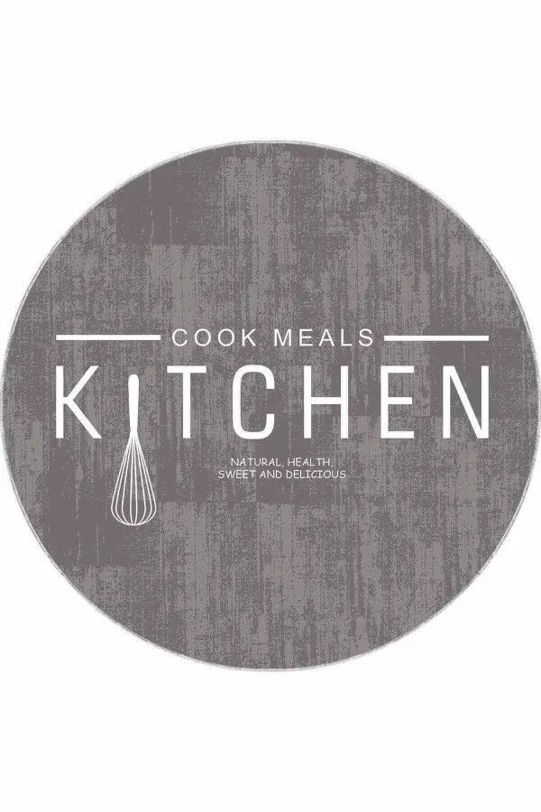 Gri Kaymaz Taban Kitchen Yazılı Yuvarlak Mutfak Halısı AR800