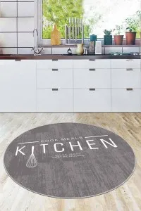 Gri Kaymaz Taban Kitchen Yazılı Yuvarlak Mutfak Halısı AR800 Gri Kaymaz Taban Kitchen Yazılı Yuvarlak Mutfak Halısı AR800