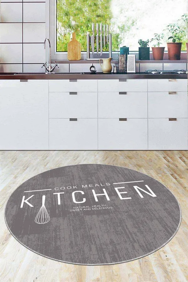 Gri Kaymaz Taban Kitchen Yazılı Yuvarlak Mutfak Halısı AR800