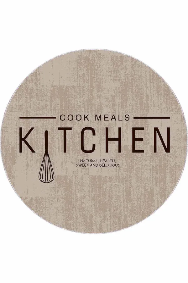 Kitchen Yazan Mutfak Halısı Bej Kaymaz Taban Kitchen Yazılı Yuvarlak Mutfak Halısı AR801