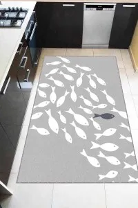 Gri Kaymaz Tabanlı Yıkanan Balık Desenli Mutfak Halısı AR829 Gri Kaymaz Tabanlı Yıkanan Balık Desenli Mutfak Halısı AR829