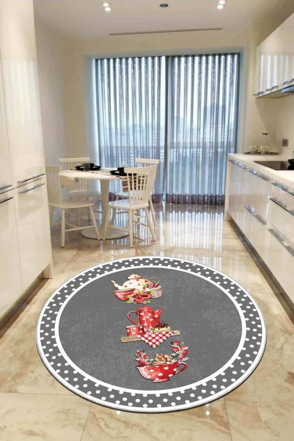 120X180 Halı Mutfak Gri Kaymaz Çaydanlık Desenli Yuvarlak Mutfak Halısı AR843