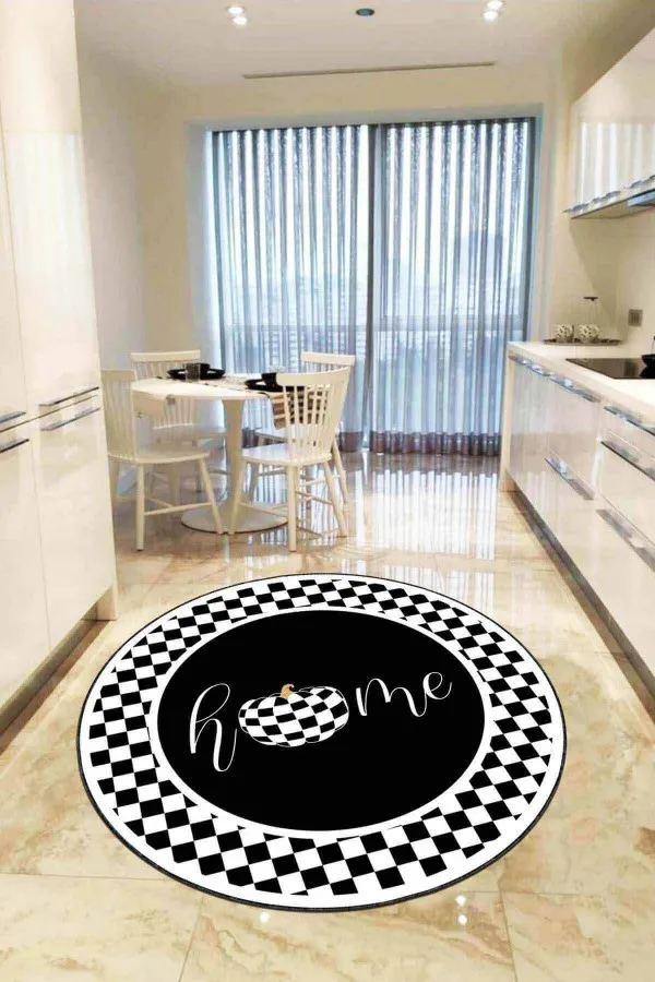Mutfak Yer Seti Halı Siyah Kaymaz Taban Home Yazılı Yuvarlak Mutfak Halısı AR845