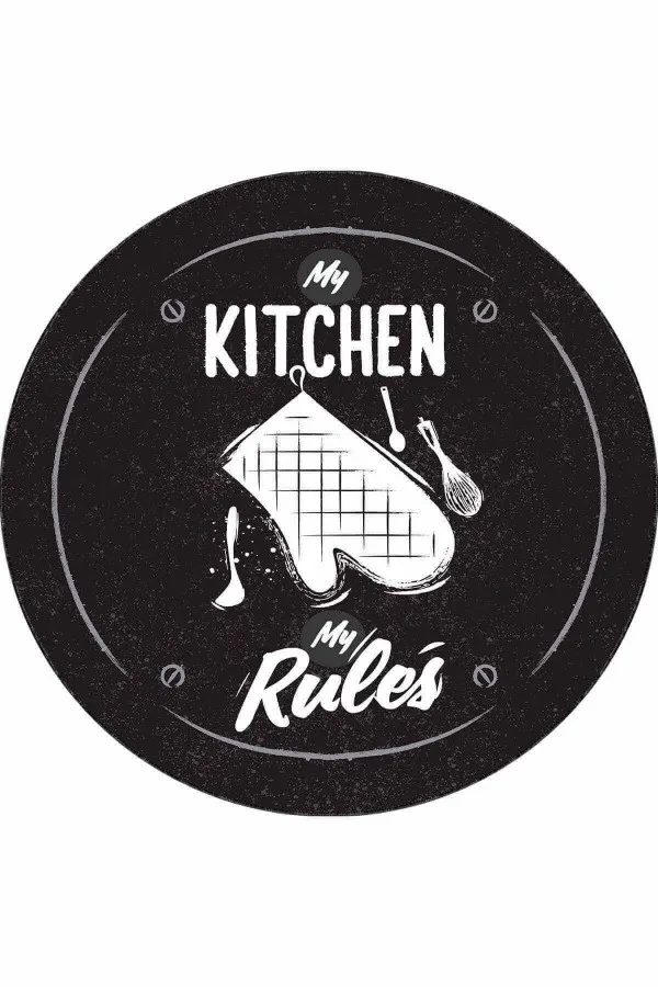 80X200 Mutfak Halıları Siyah Kaymaz My Kitchen My Rules Daire Mutfak Halısı AR848
