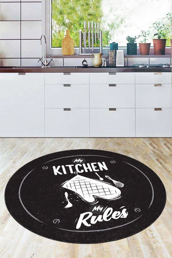 80X200 Mutfak Halıları Siyah Kaymaz My Kitchen My Rules Daire Mutfak Halısı AR848