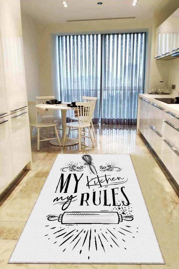 Mutfak Halısı Siyah Beyaz Beyaz Kaymaz Tabanlı My Kitchen My Rules Mutfak Halısı AR853