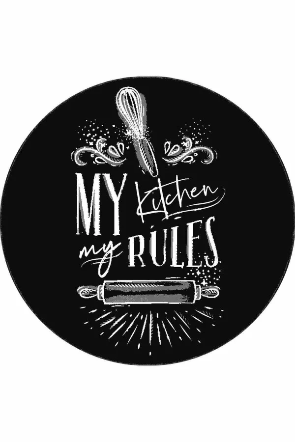 80X300 Mutfak Halıları Siyah Kaymaz My Kitchen My Rules Daire Mutfak Halısı AR859