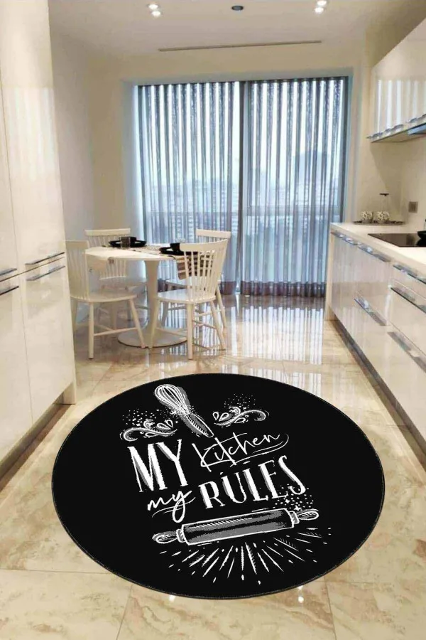 80X300 Mutfak Halıları Siyah Kaymaz My Kitchen My Rules Daire Mutfak Halısı AR859