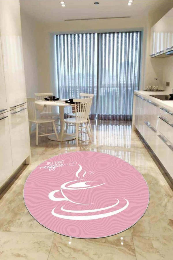 Yuvarlak Mutfak Halısı Modelleri Pembe Kaymaz Tabanlı Fincanlı Yuvarlak Mutfak Halısı AR861