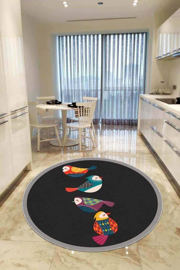 Mutfak İçin Kilim Halı Füme Kaymaz Taban Yıkanır Kuşlu Yuvarlak Mutfak Halısı AR865