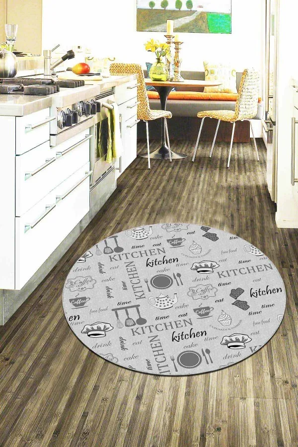 120X180 Mutfak Halısı Gri Kaymaz Çaydanlık Desenli Yuvarlak Mutfak Halısı AR892