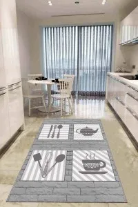 Gri Kaymaz Tabanlı Çaydanlık Desenli Mutfak Halısı AR899 Gri Kaymaz Tabanlı Çaydanlık Desenli Mutfak Halısı AR899