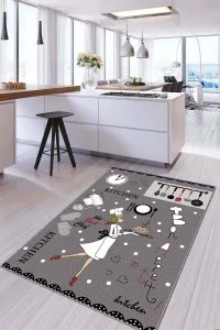 Gri Kaymaz Tabanlı Yıkanan Aşçı Desenli Mutfak Halısı AR907 Gri Kaymaz Tabanlı Yıkanan Aşçı Desenli Mutfak Halısı AR907