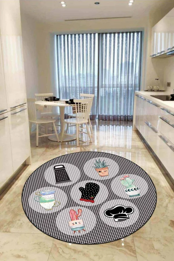 4 M2 Mutfak Halısı Gri Kaymaz Taban Kaktüs Desenli Yuvarlak Mutfak Halısı AR919