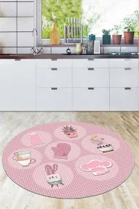 Pembe Kaymaz Tabanlı Kaktüslü Yuvarlak Mutfak Halısı AR923 Pembe Kaymaz Tabanlı Kaktüslü Yuvarlak Mutfak Halısı AR923